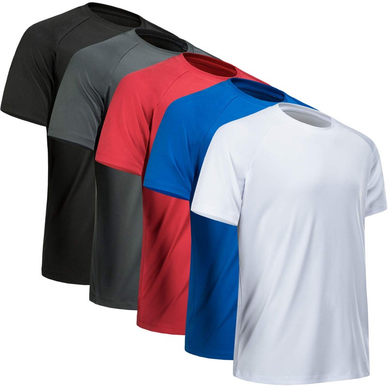 MCPORO Workout Shirts for Men Short Sleeve Quick Dry Athletic Gym Active T Shirt Moisture Wicking 5 Pack Black, Dark Grey, White, Blue, Red X-Large - Image 1